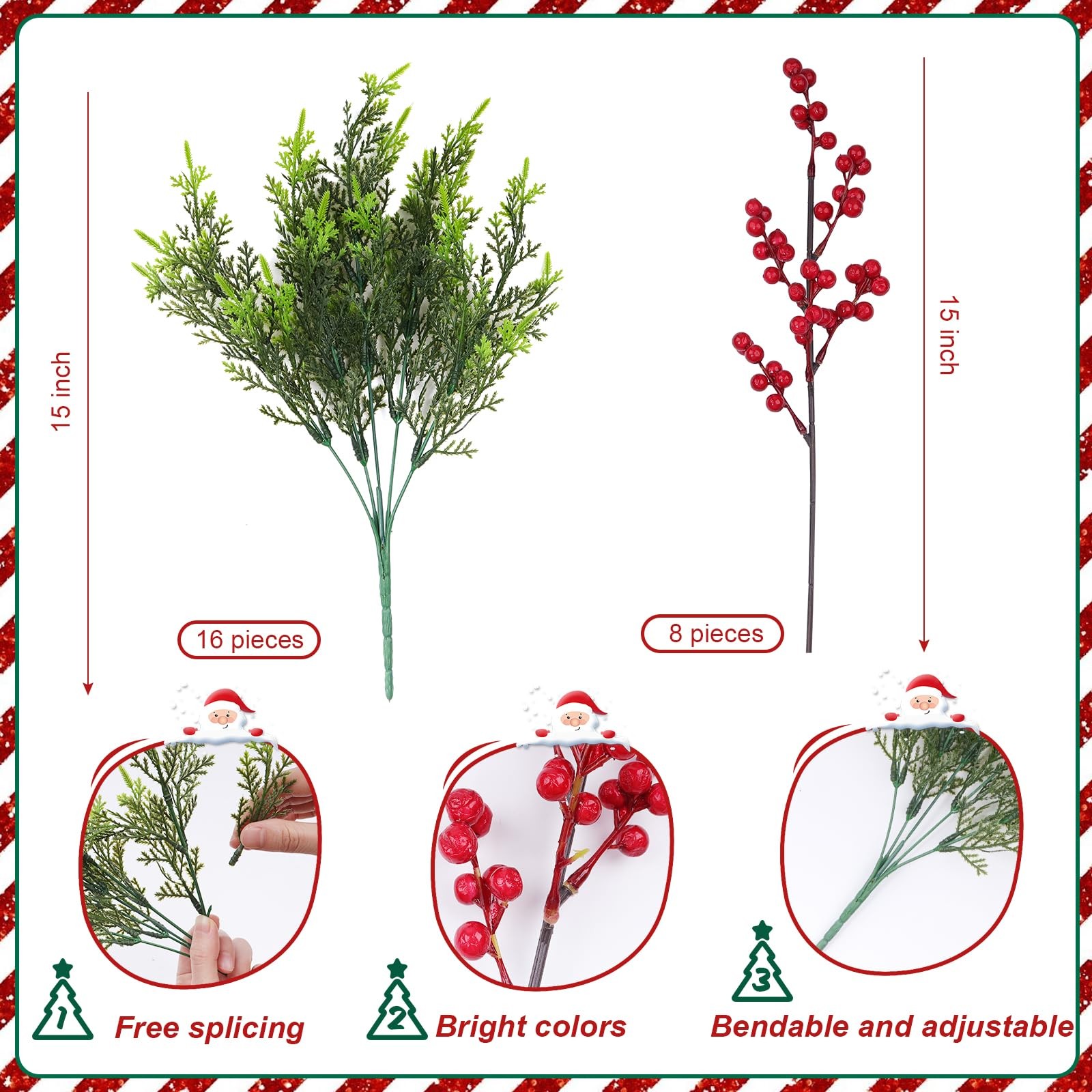 24 Pieces Large Christmas Artificial Plants Outdoor Fake Pine Branch Red Berr…