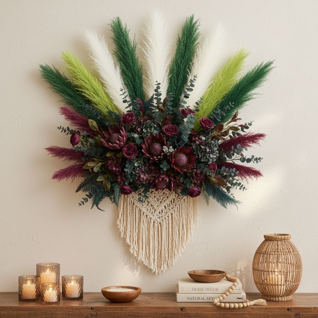 Green Pampas Grass Bundle 16 Stem Faux Pampas White and Green Boho Decor Vase Fi