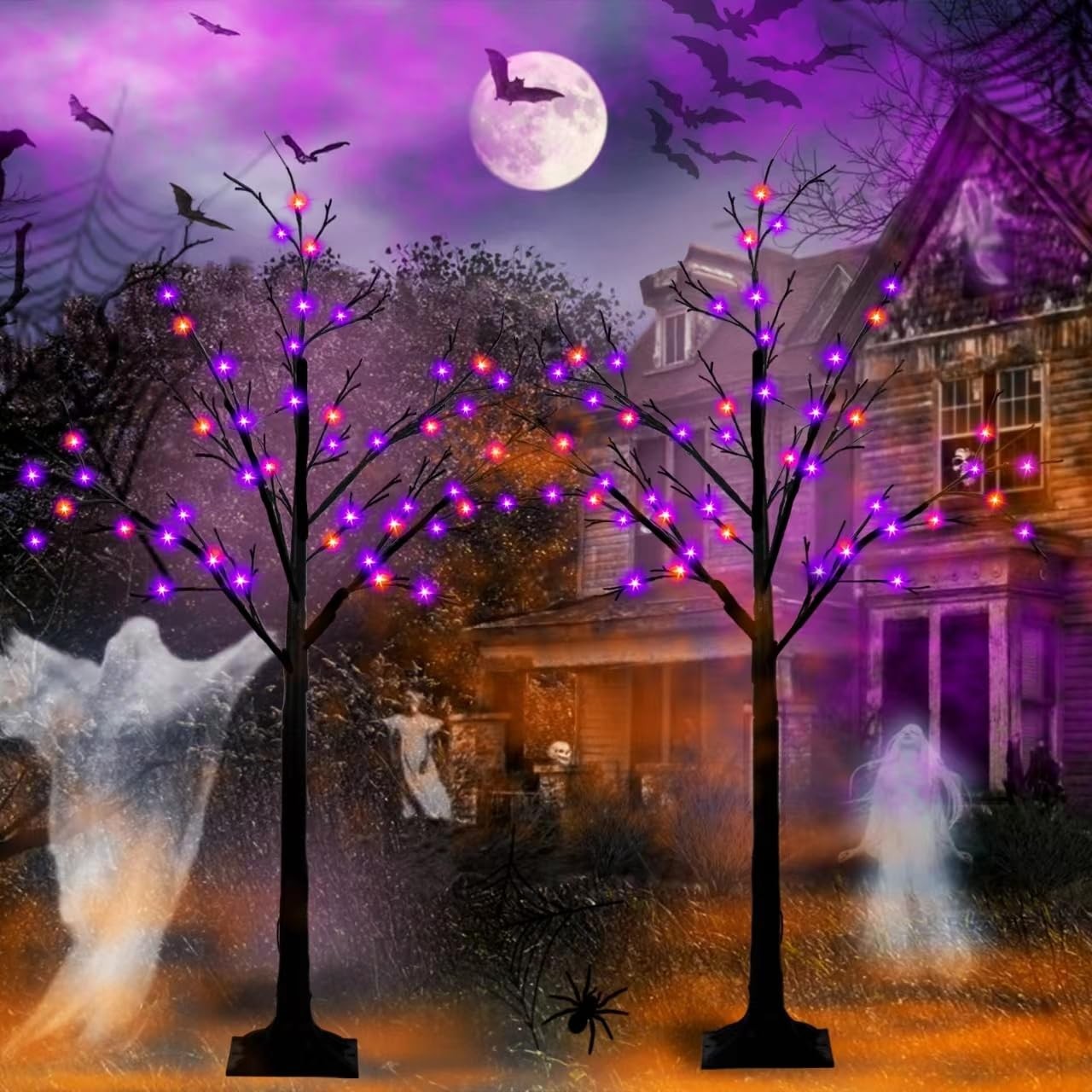2-Pack 4FT Lighted Black Halloween Tree with 96 LED Orange & Purple Lights (H…