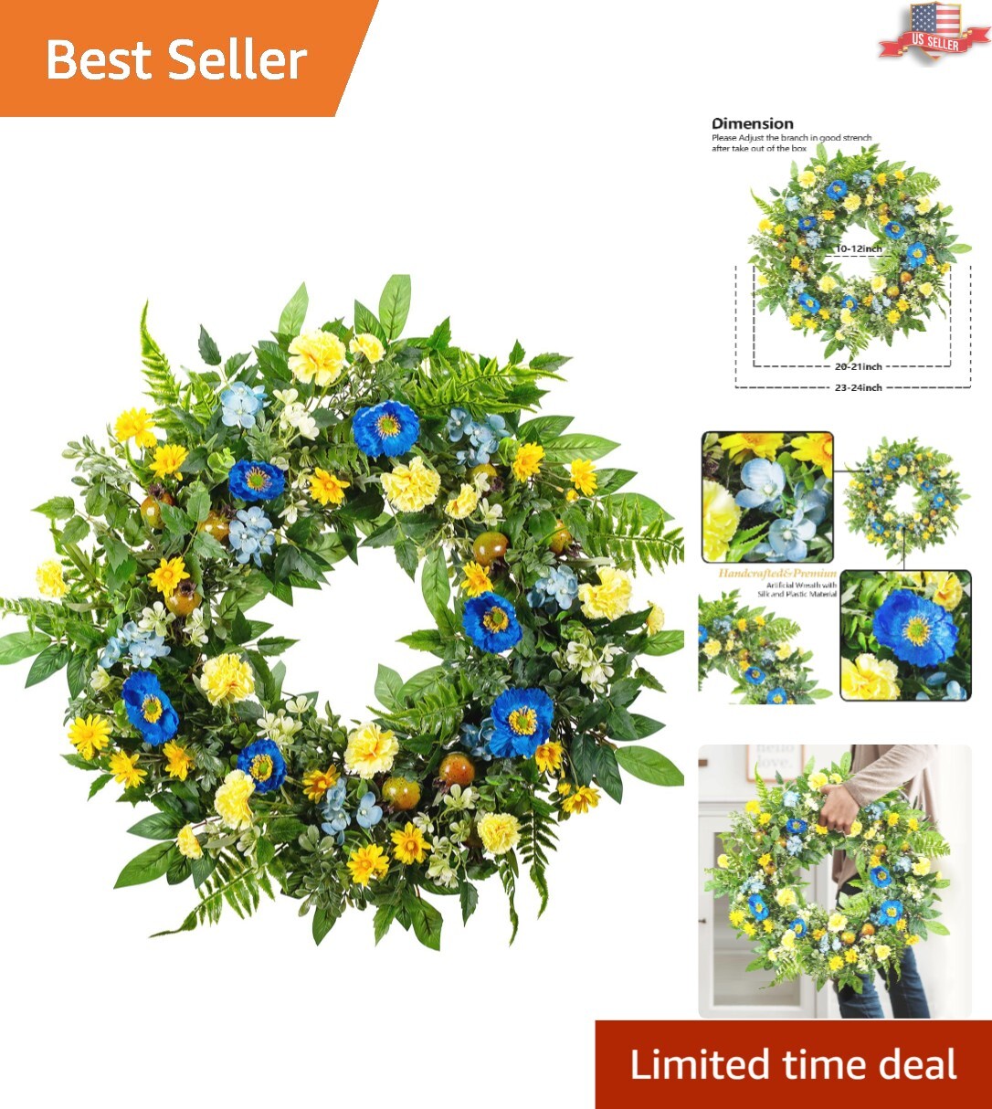 24-Inch Spring & Summer Flower Wreath – Blue & Yellow Elegance for Front Door