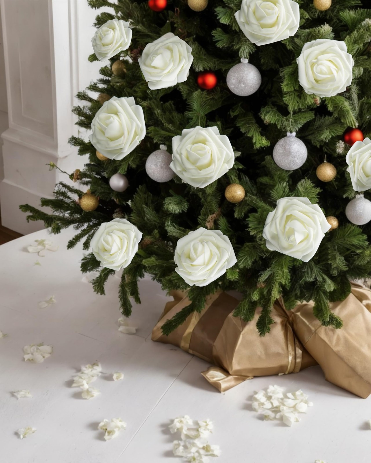 100Pcs Artificial Flower White Fake Rose for Wedding Centerpiece
