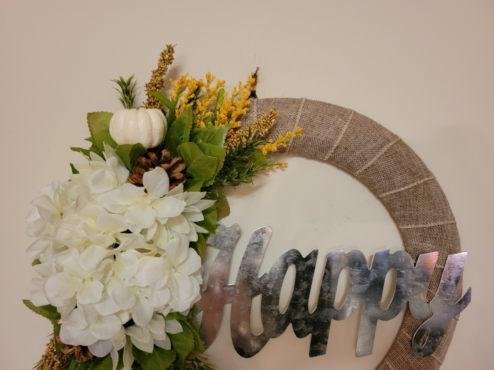 HAPPY white green sunflower Hydrangea pumpkin cone burlap WREATH FALL Decor Door