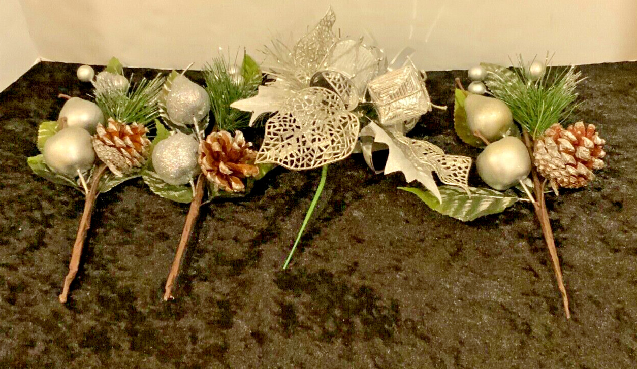 Lot of 4 VINTAGE Silver Floral Bouquet Basket Pick Decorations