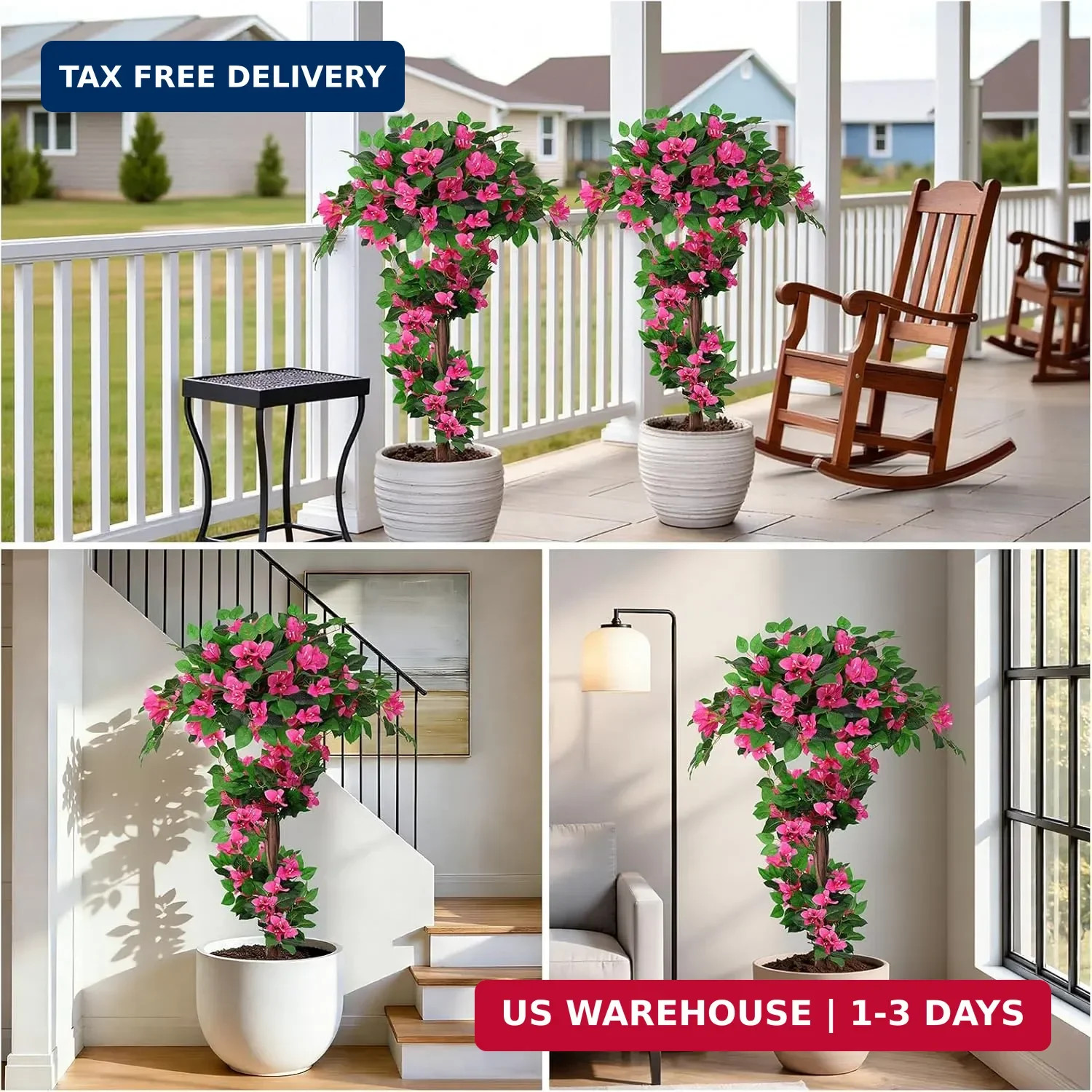 2Pack 4FT Artificial Bougainvillea Topiary Trees for Outdoor, Fake Silk Flowers