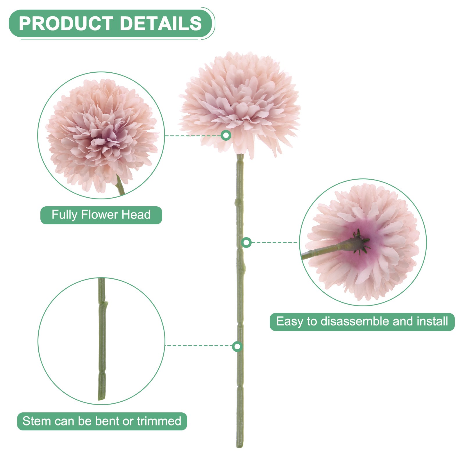 12-Pack Artificial Chrysanthemum Ball Flowers Pink,Green,Blue,Purple