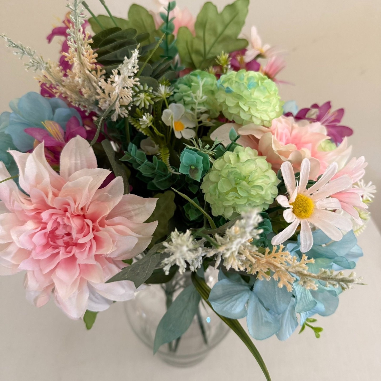 Upcycled Handcrafted Artificial Floral Arrangement Blue Green Pink Flowers OOAK