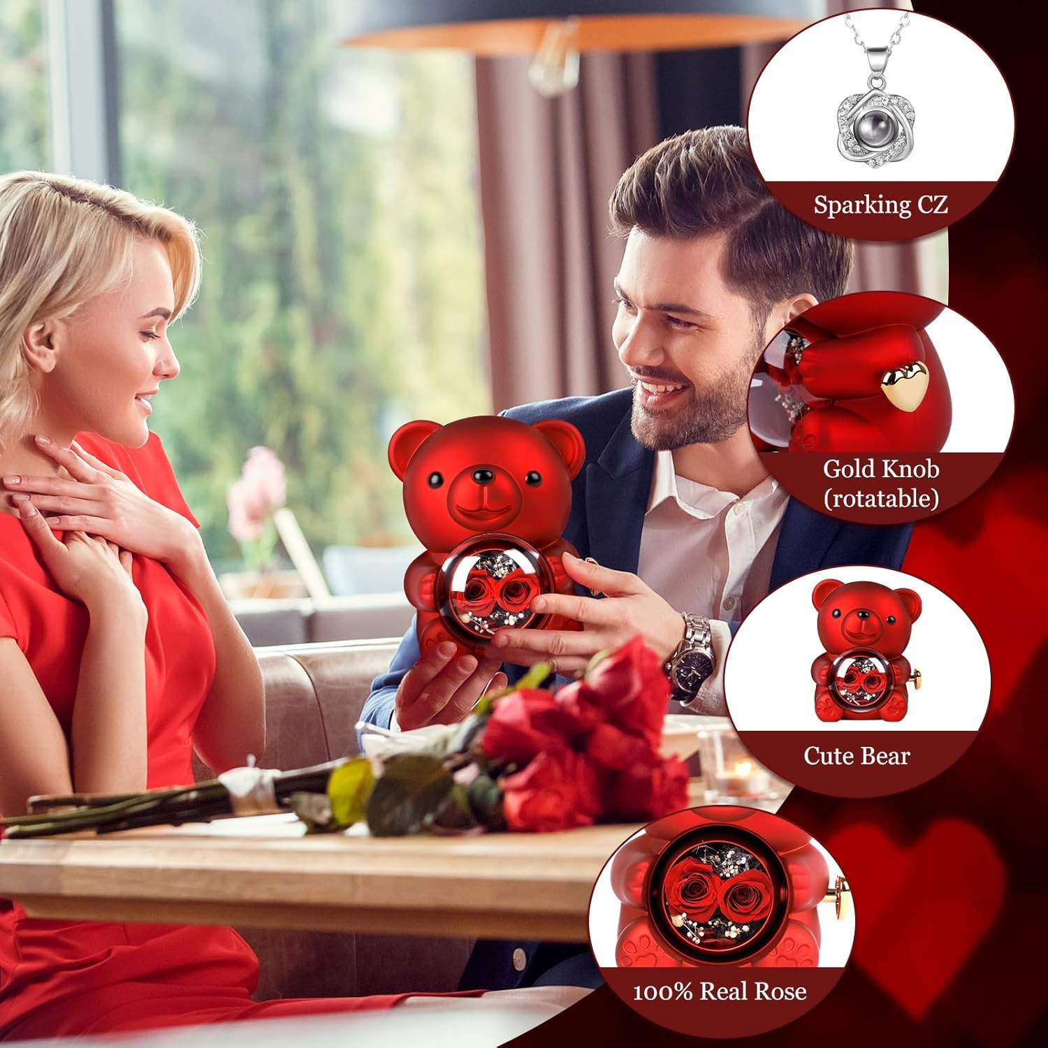 Red Rose Bear Teddy with Necklace Gift Box Forever Flower Romantic Gift for Her