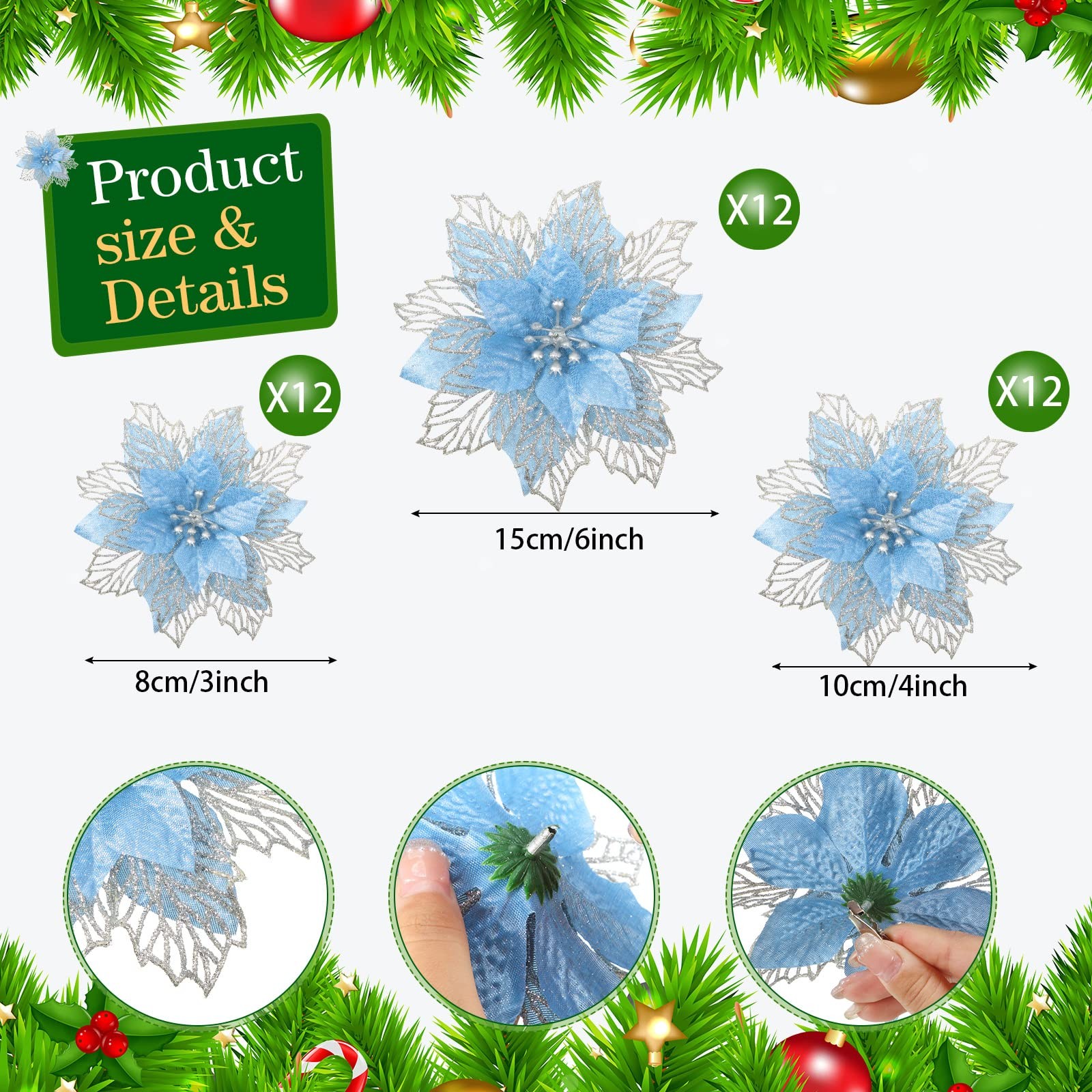 36 Pcs 3 Size Christmas Poinsettia Flowers 3” 4” 6” Tree Decorations Glitt…