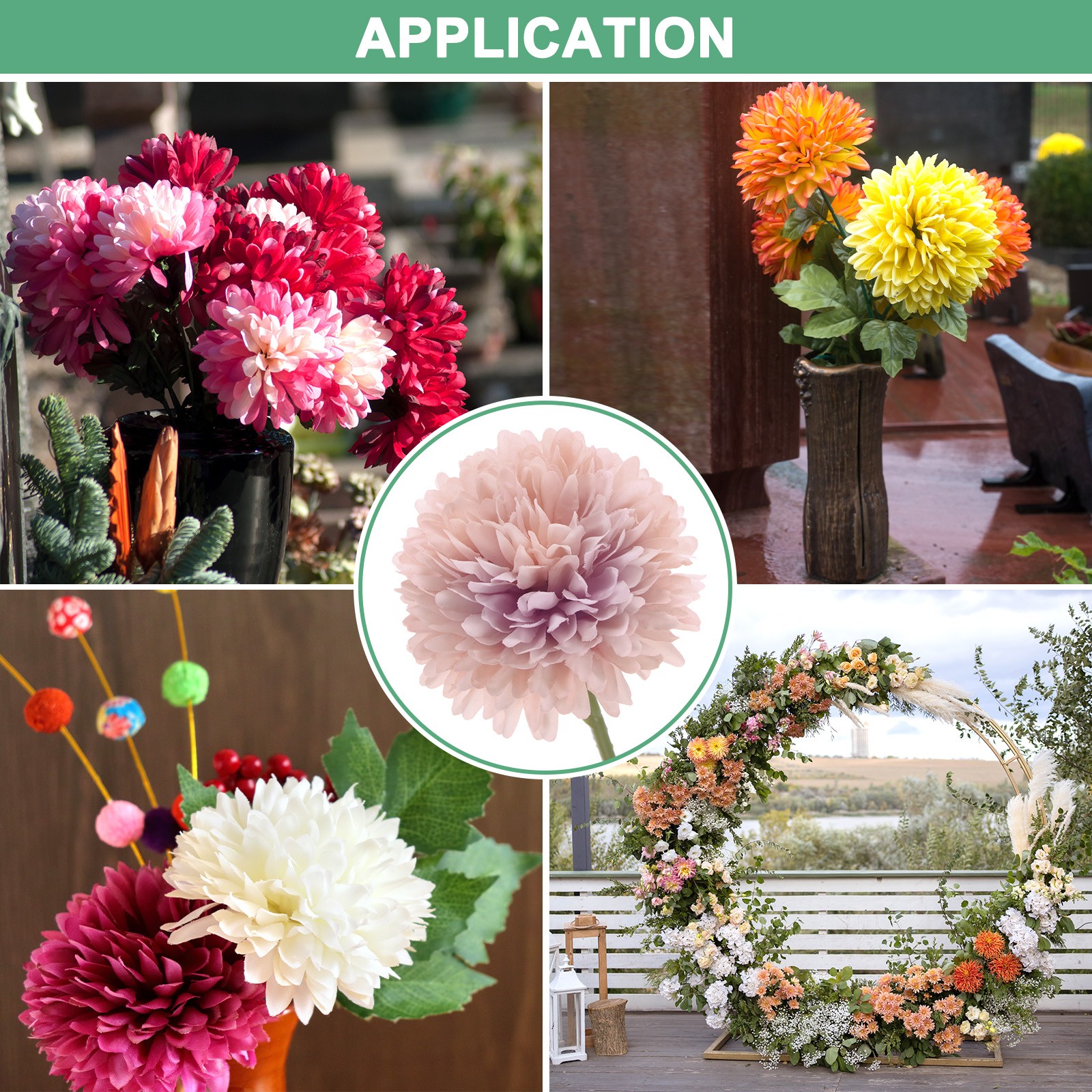 12-Pack Artificial Chrysanthemum Ball Flowers Pink,Green,Blue,Purple