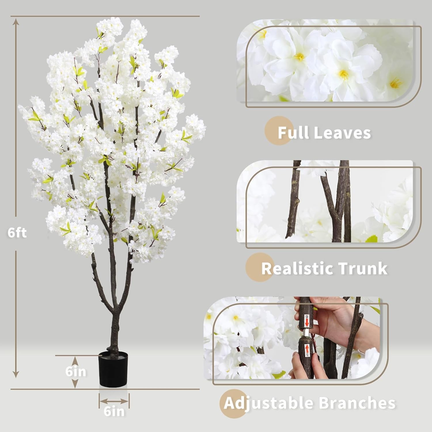 Faux White Cherry Blossom 6ft(72in) Artificial Floor Plant for Indoor Decor N…