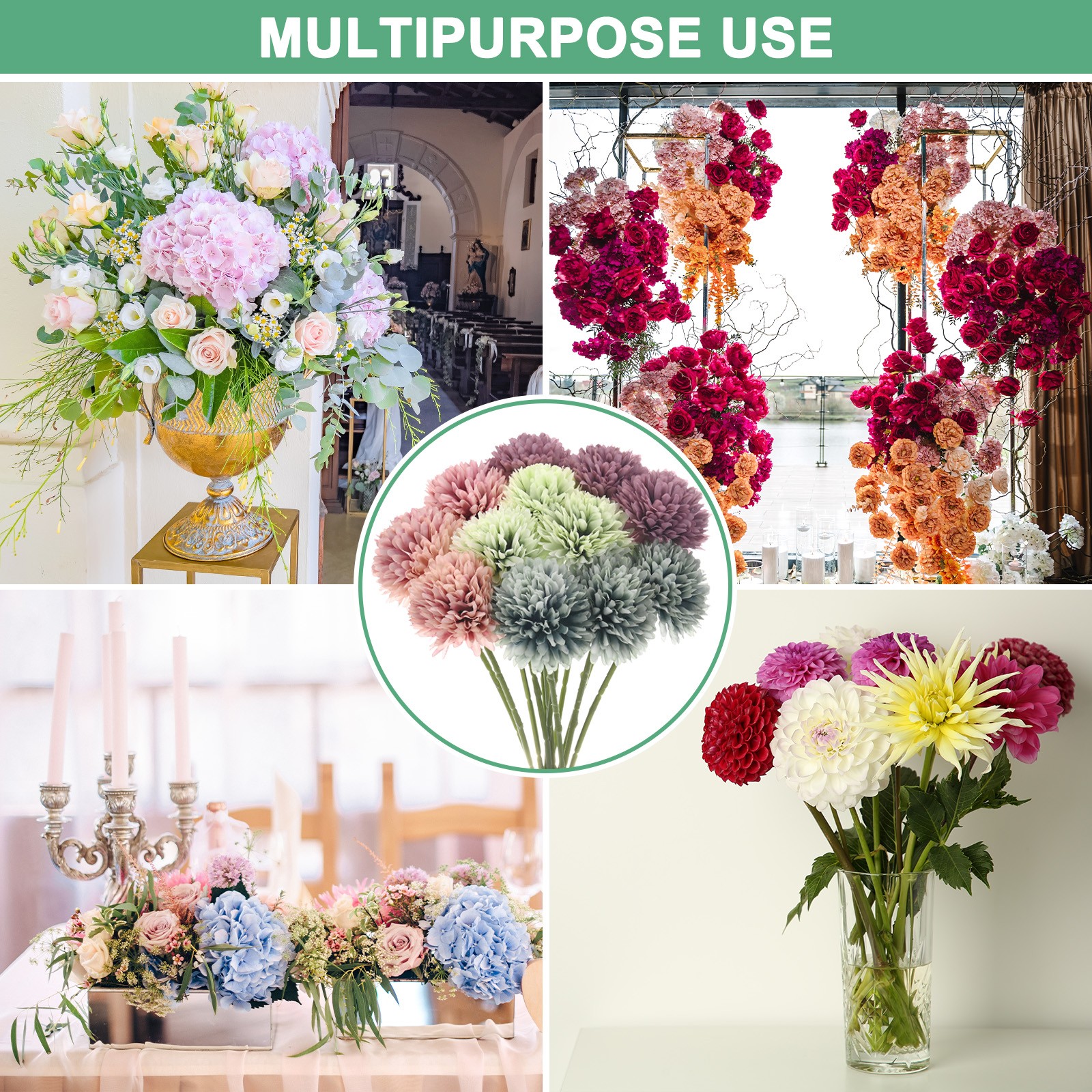 12-Pack Artificial Chrysanthemum Ball Flowers Pink,Green,Blue,Purple