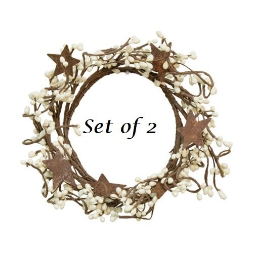 NEW PRIMITIVE Berry Wreath Candle Rings 2pcs Rust Stars 4″ IVORY Pips Farmhouse