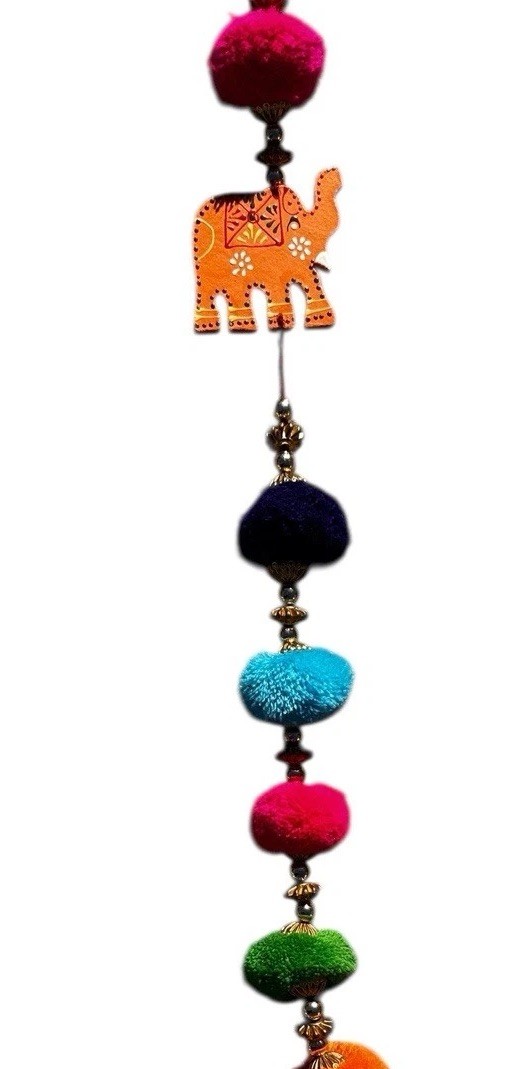 Elephant Garlands Pom Poms Wood Set of 3 Boho Indian Festival Diwali