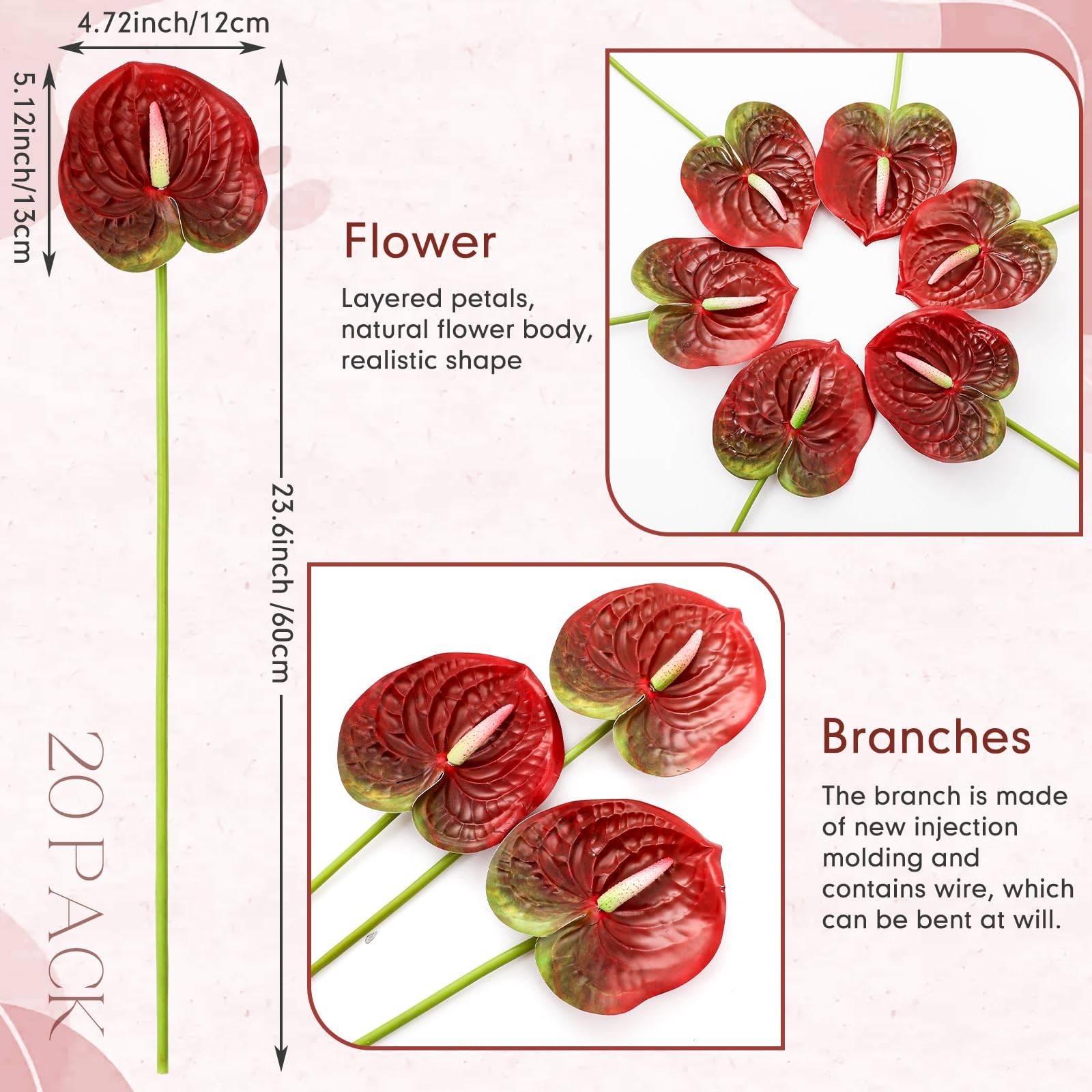 Artificial Anthurium Flowers Gradient Red 23.6 Inch Fake Bouquets 20 PCS