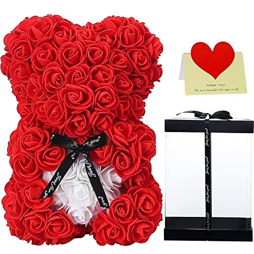 Cute Rose Teddy Bear Gift for Mom – Adorable 10″ Plush Bear in Clear Box – Perfe
