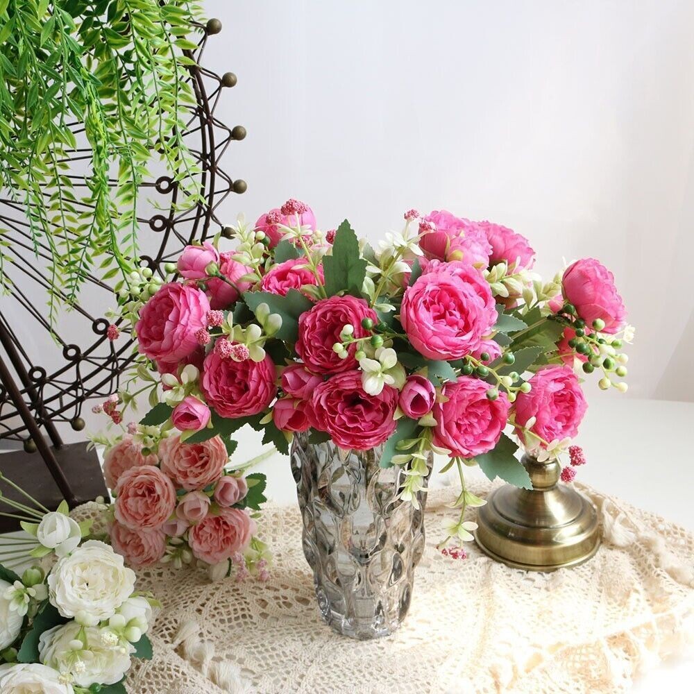 2 Bunches 9 Heads Silk Peony Artificial Flowers Wedding Bouquet Home Party Decor