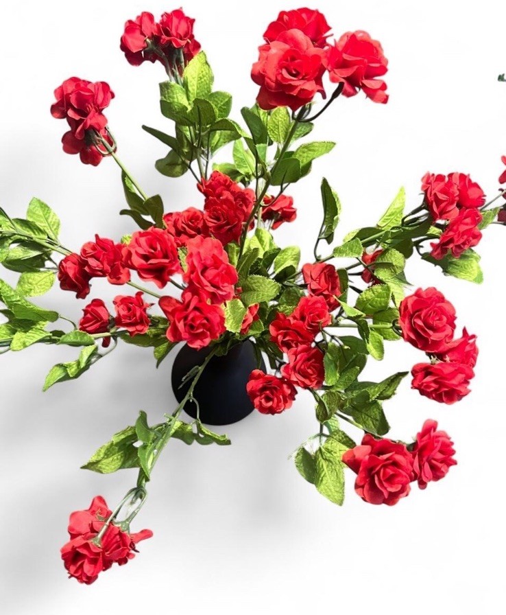 Artificial Red Rose Flower Arrangement & Centerpiece in Black Vase Greenery