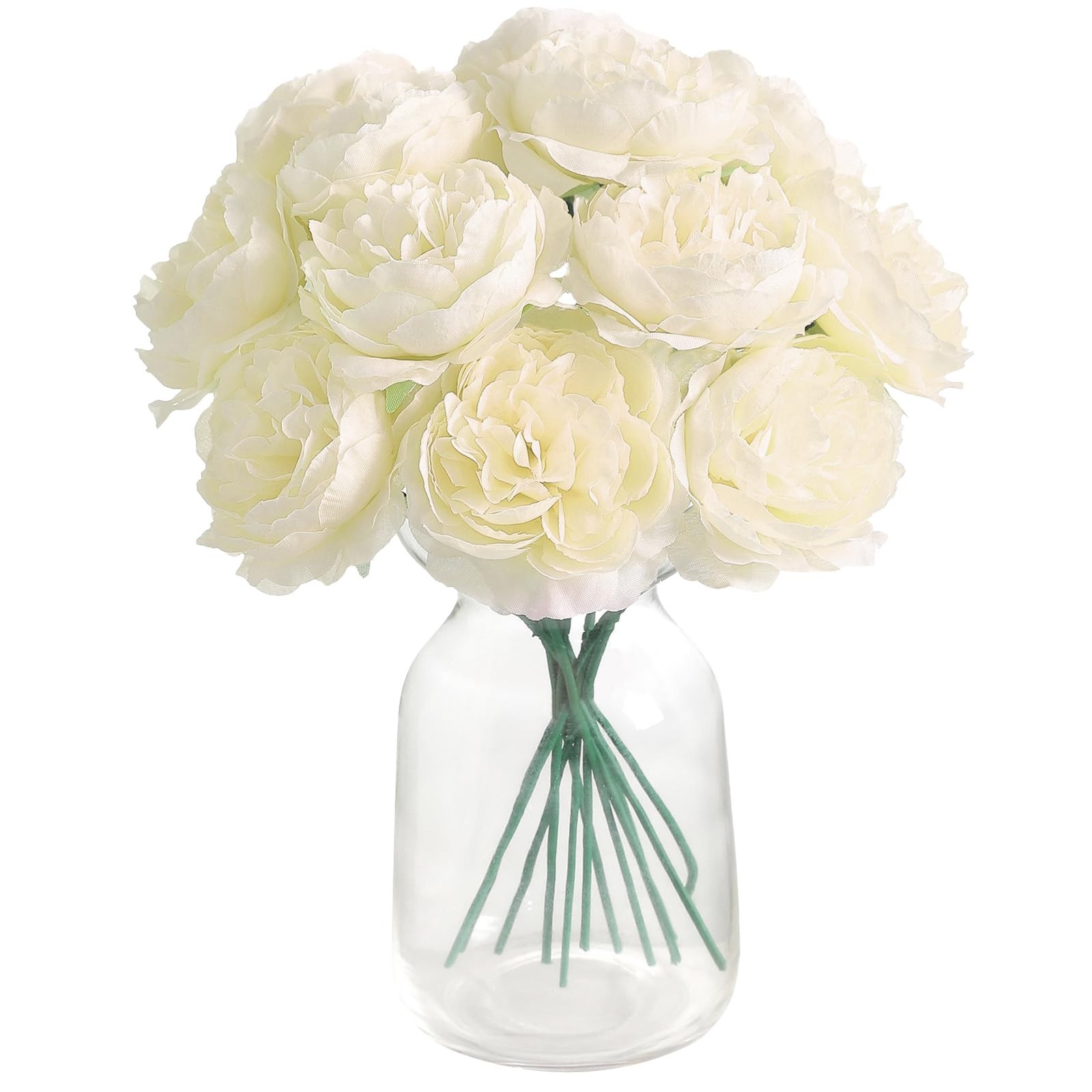 12 PCS Artificial Silk Ivory Peony Flowers with Stems – 8 Inch Fake Peony Bou