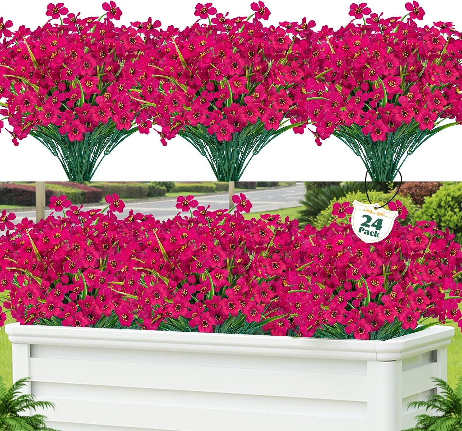 24 Pcs Artificial Flowers UV Resistant, Faux Plastic Shrubs Outdoor Decor