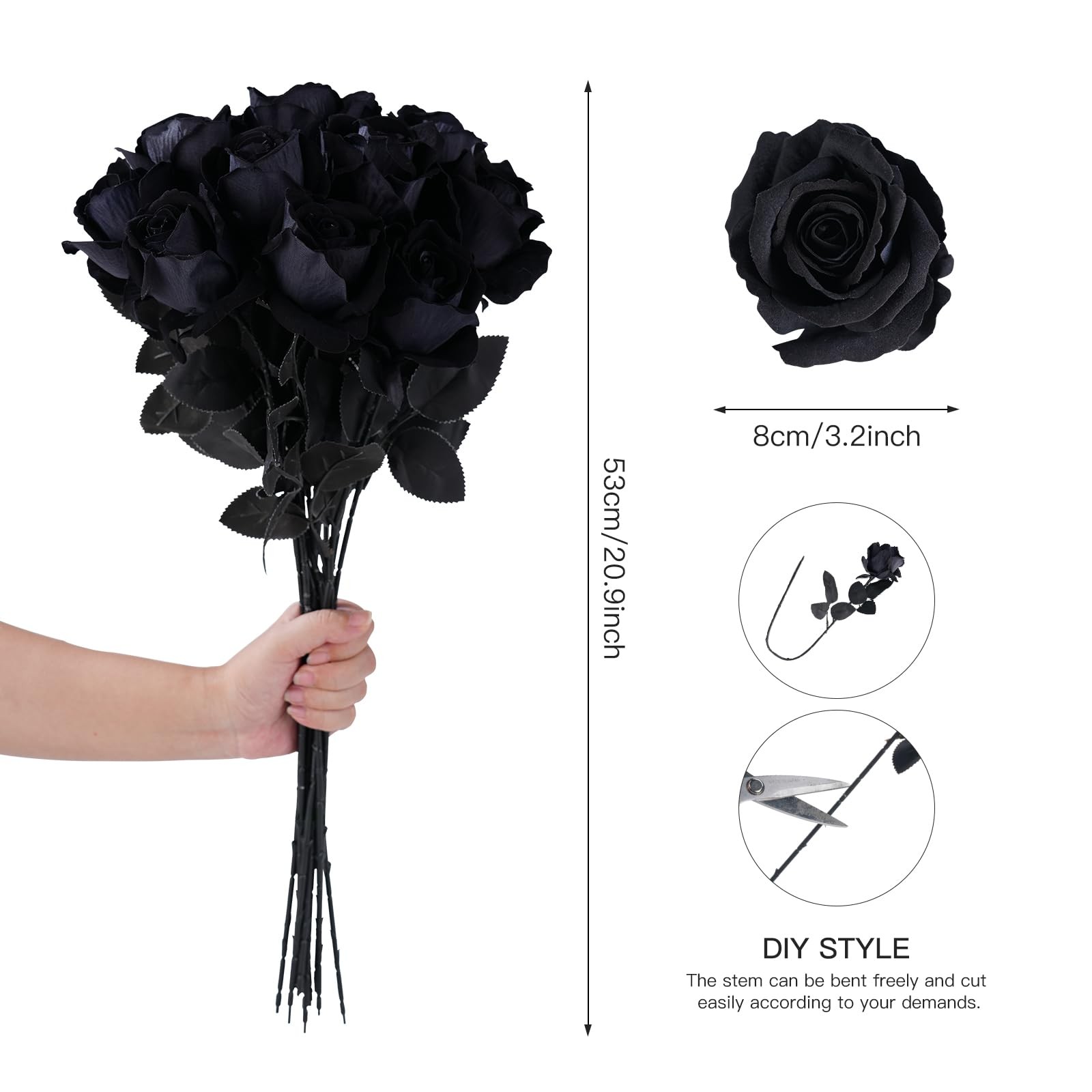 Tregefly 12 Pcs Black Roses Artificial Flowers with Long Stem, Faux Silk Rose Bo