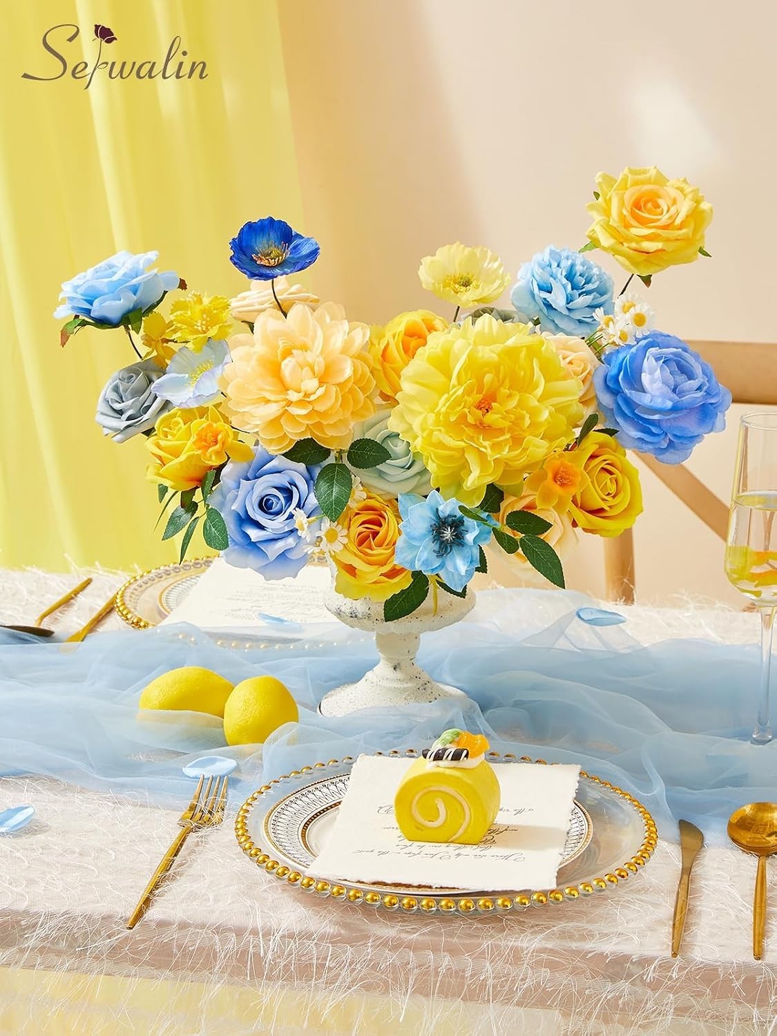 Artificial Flowers Blue Yellow Silk Floral Decor for Wedding Party Home