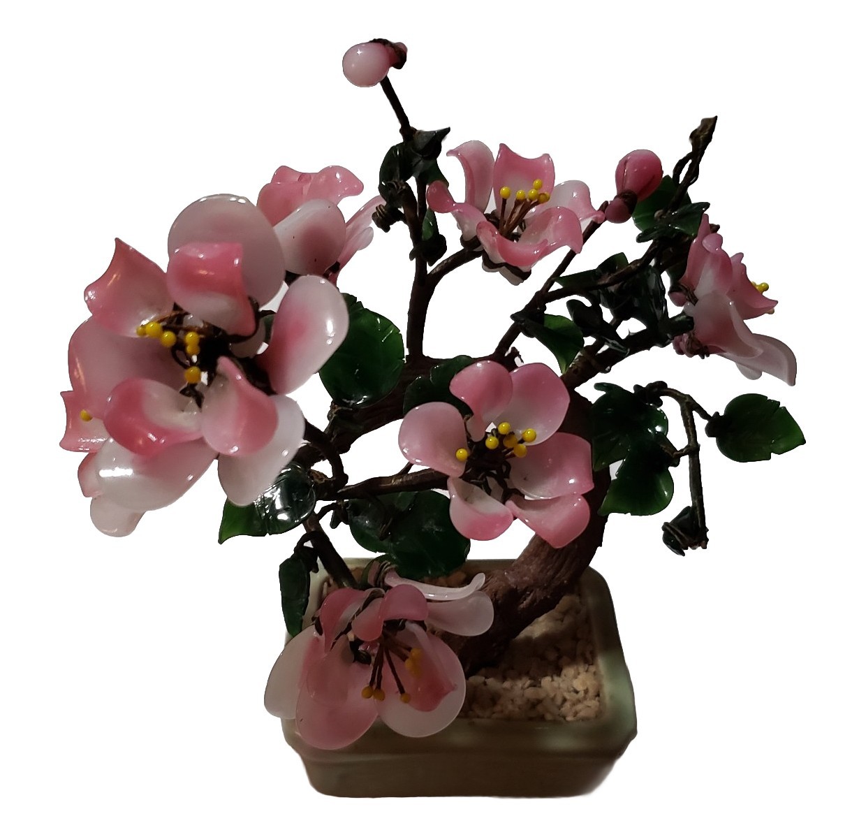 VTG Cherry Blossom Jade? Gemstone Leaves Bonsai Tree Rose Quartz Petals *Cracks