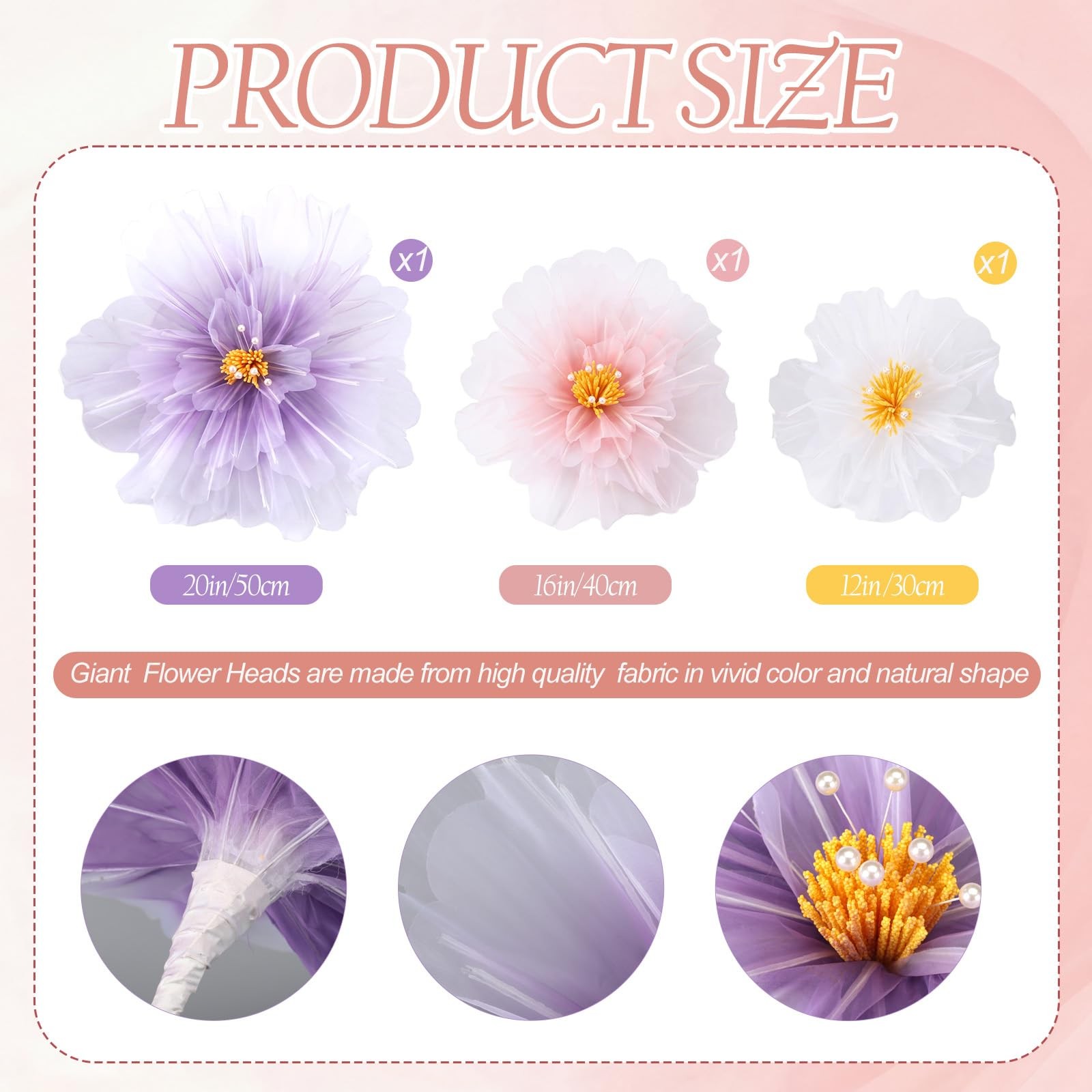 3 Pcs Wedding Giant Flowers Decoration 12, 16, 20 Inch 3D Large Flowers Artif…