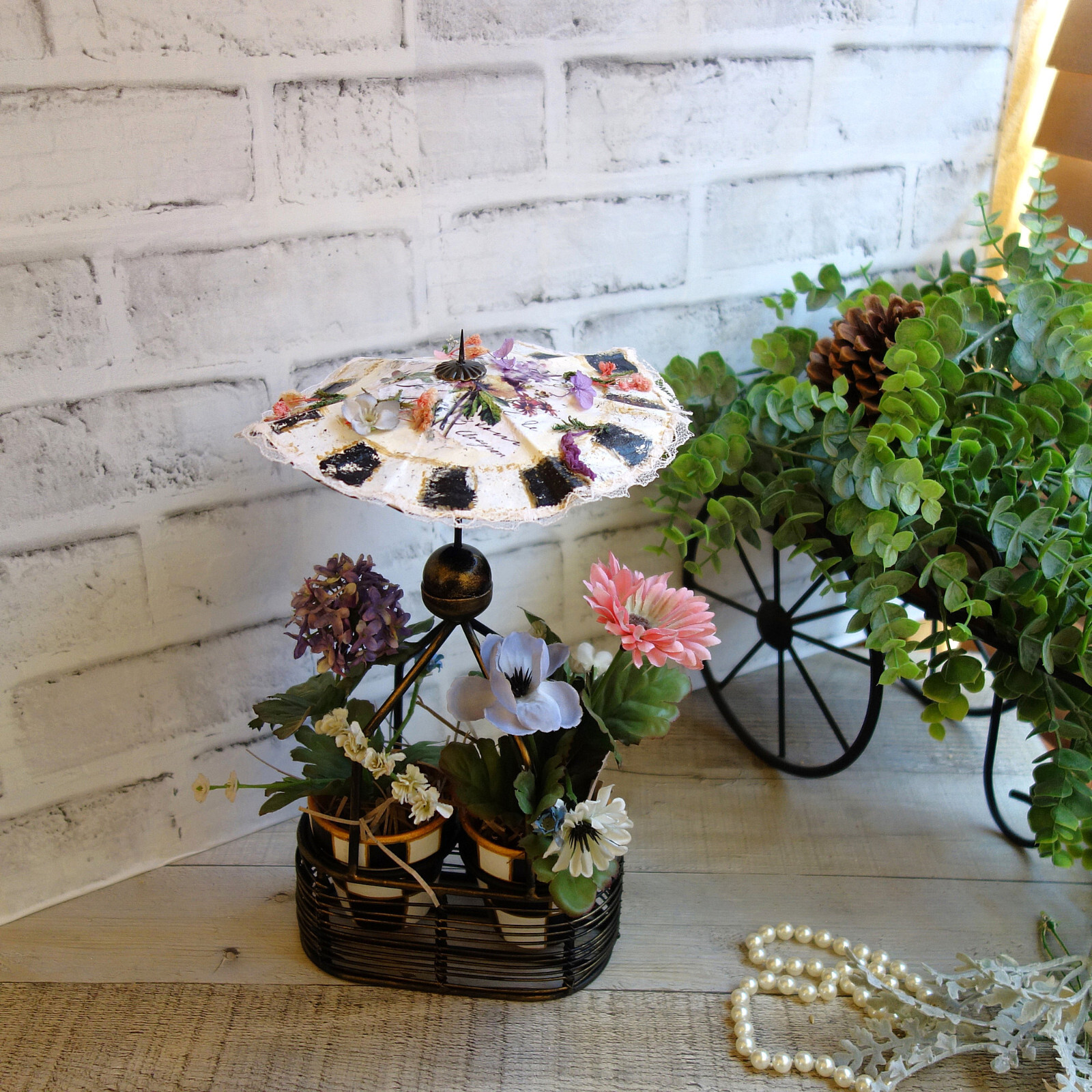 Black White Checked Flower Pot Floral Arrangement French Country Decor