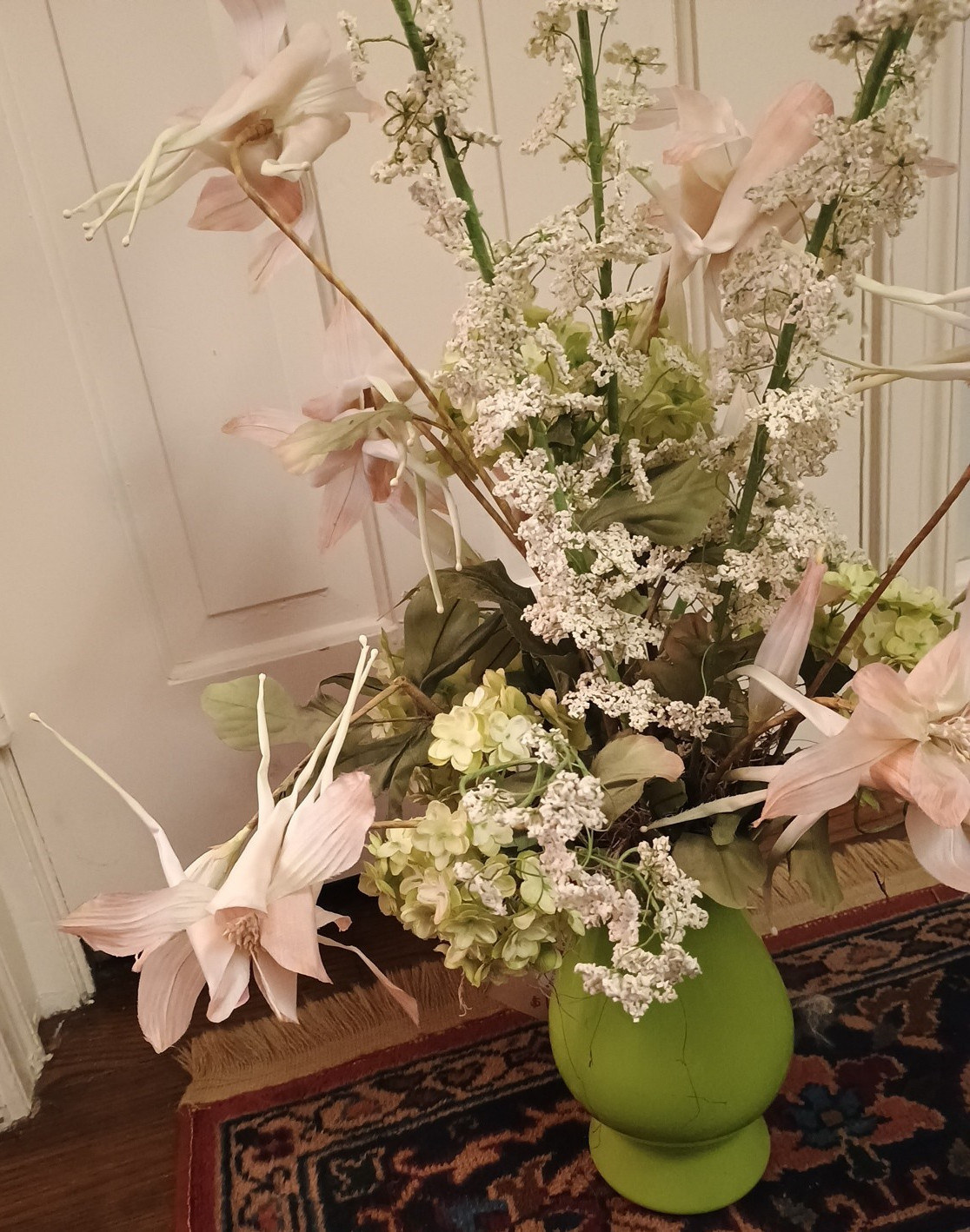 Pink Lily Delphinium Hydrangea Faux Silk Flower Arrangement Floral Green Vase