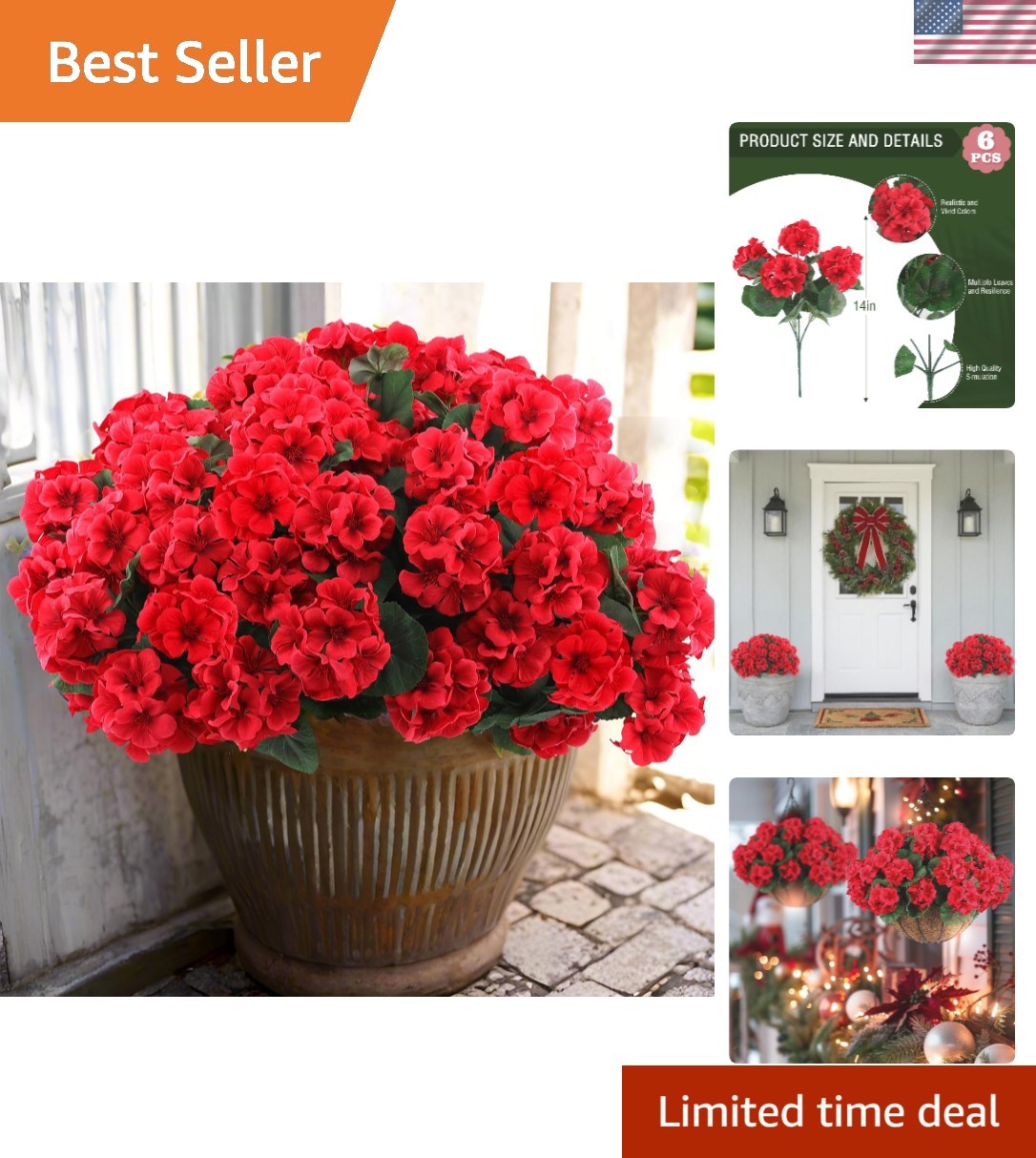 Maintenance-Free 6 Pcs Red Silk Geraniums – Perfect for Christmas & Garden Decor