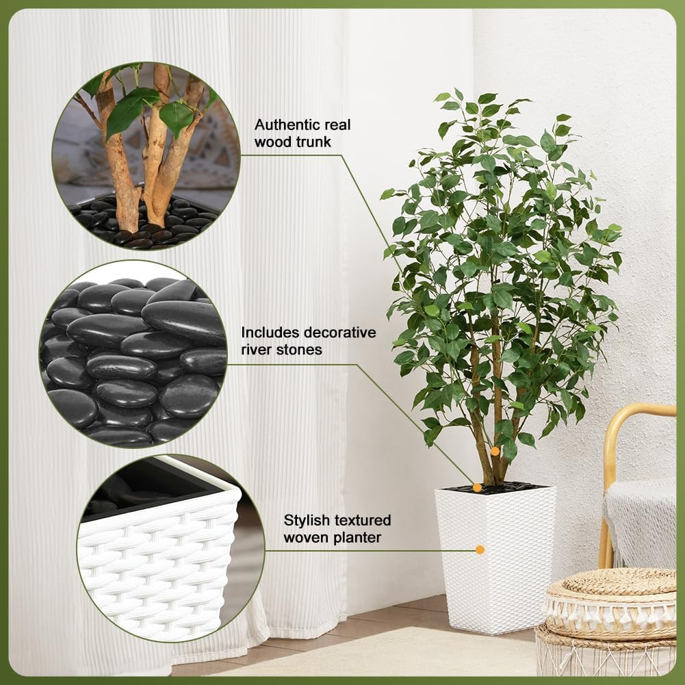 5Ft Artificial Ficus Tree,Tall Faux Tree with Pebbles & Planter UV Resistant Pot