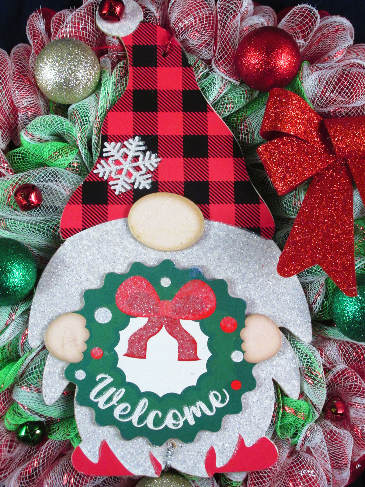 Red White and Green Bubble Deco Mesh Knome Christmas Wreath