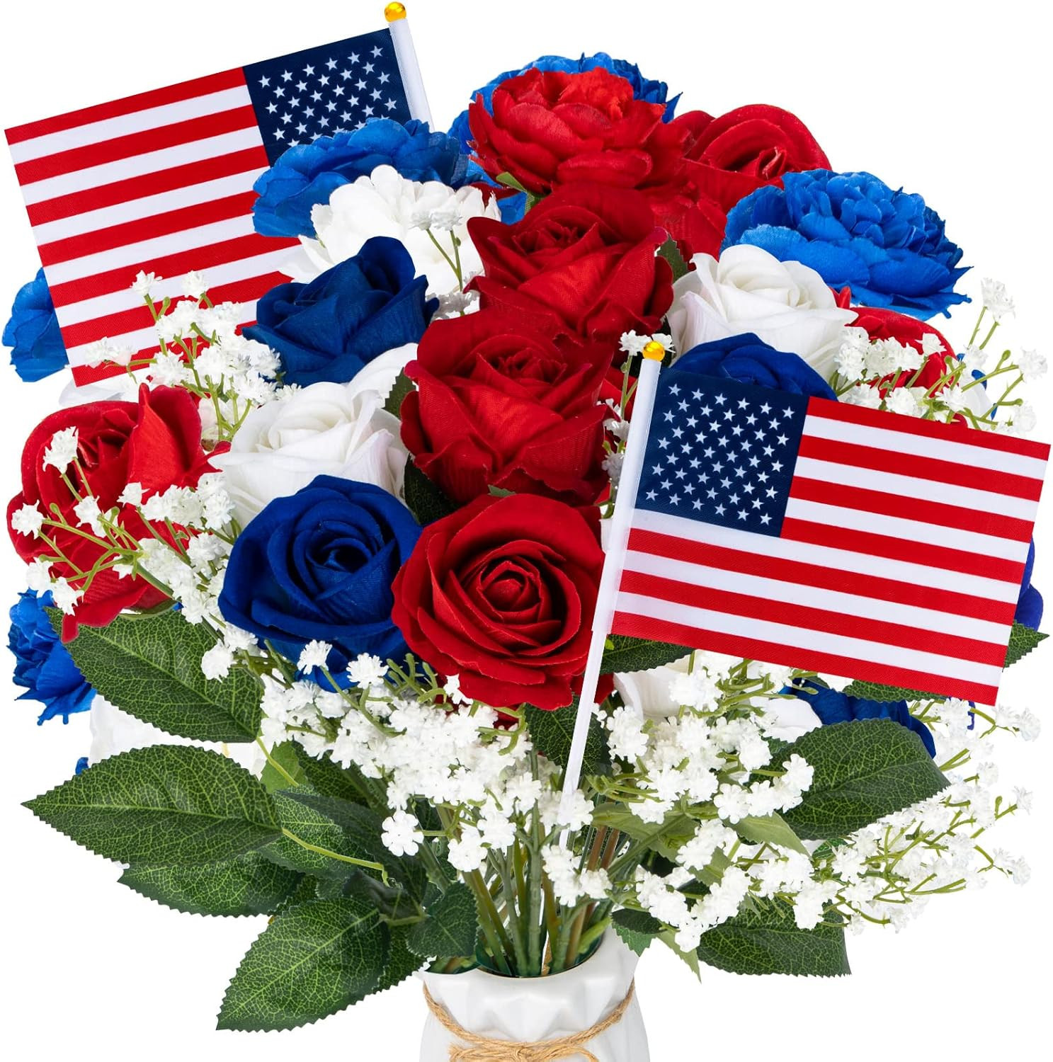 28 Pcs Red White and Blue Flowers, Patriotic Memorial Bouquet Atificial Flowers,