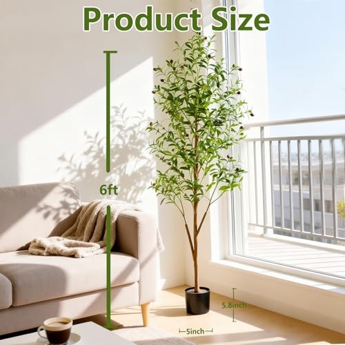 6FT Artificial Olive Tree Indoor, Tall Faux Olive Tree with Pot&Basket, 6ft