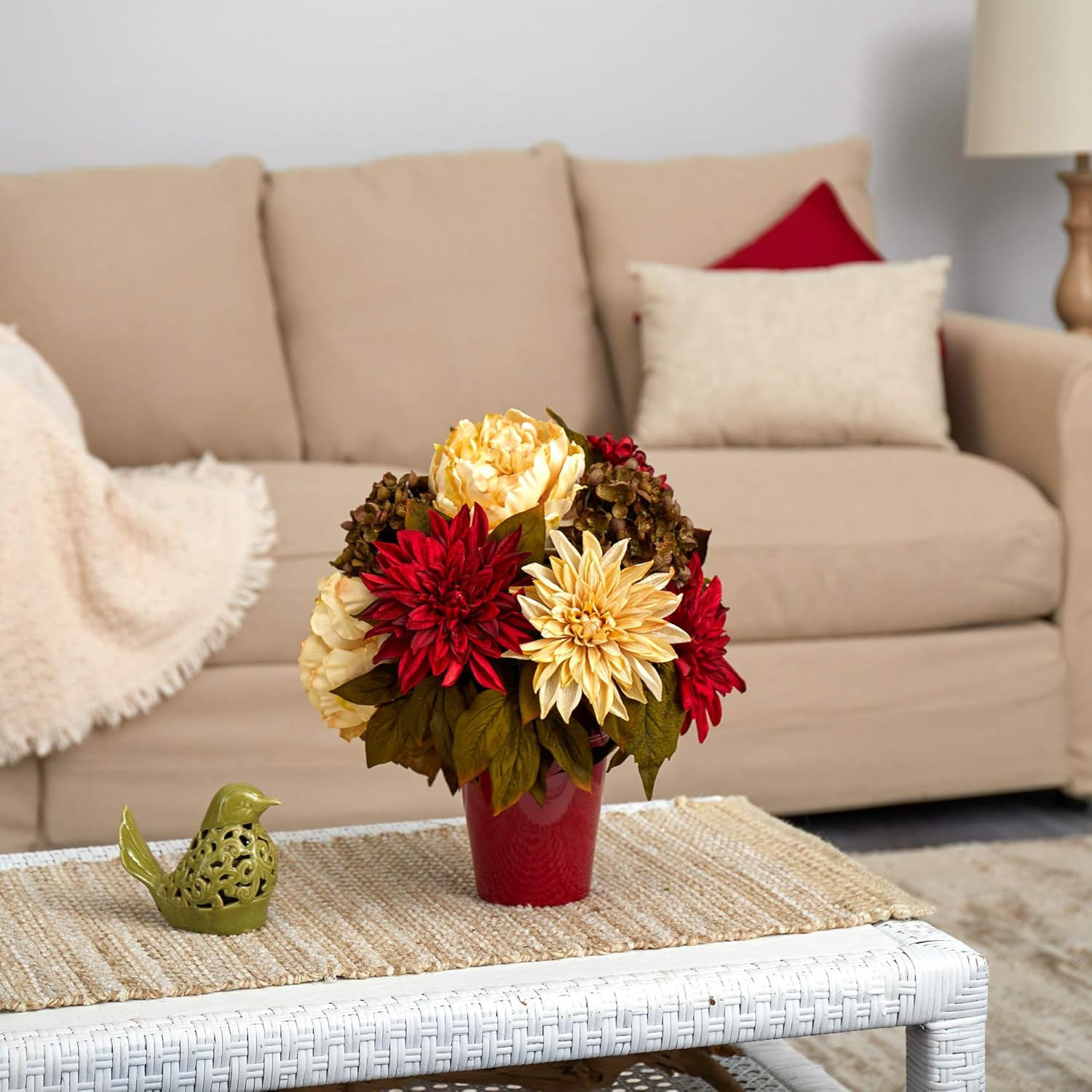 Burgundy Vase with 14″ Peony, Hydrangea & Dahlia Artificial Floral Arrangement