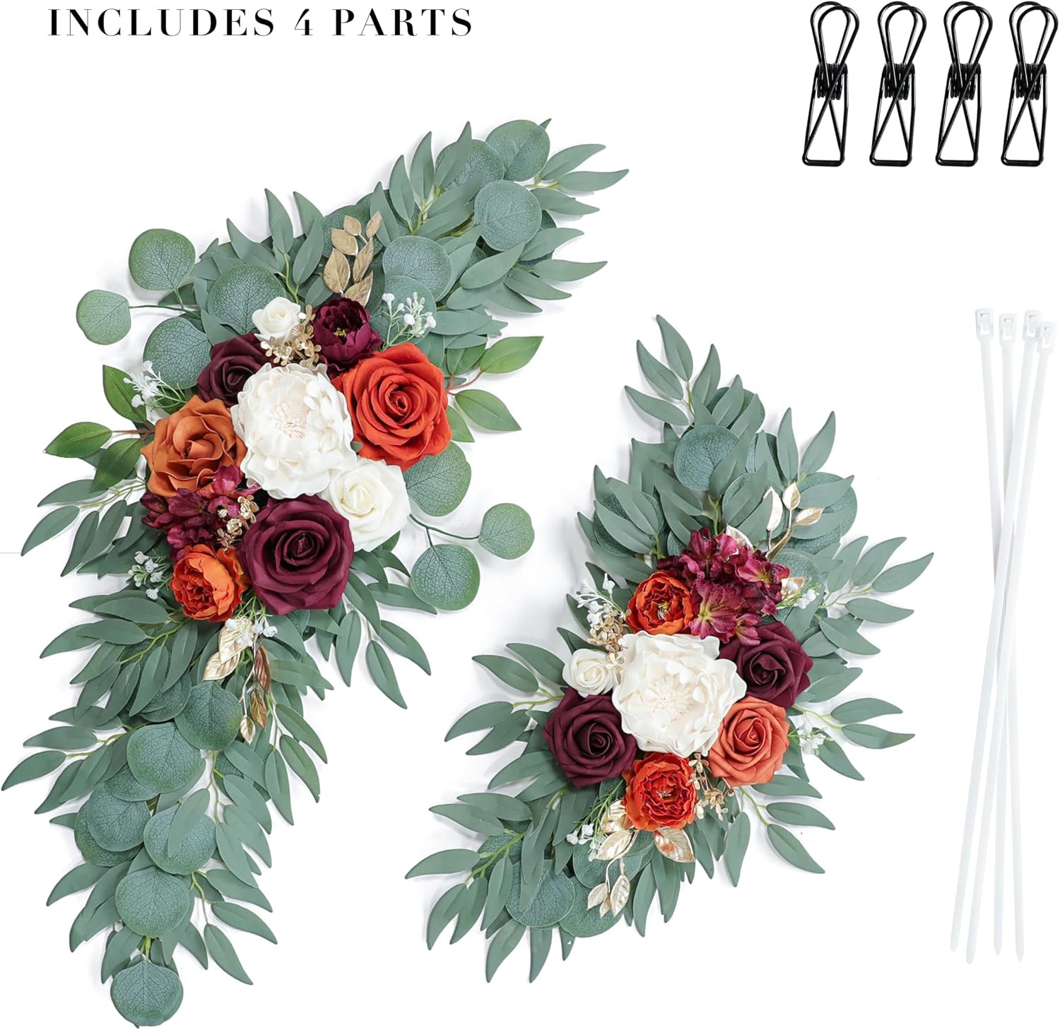 Burnt Orange Wedding Arch Flowers Swags Set of 2 with Burgundy Roses