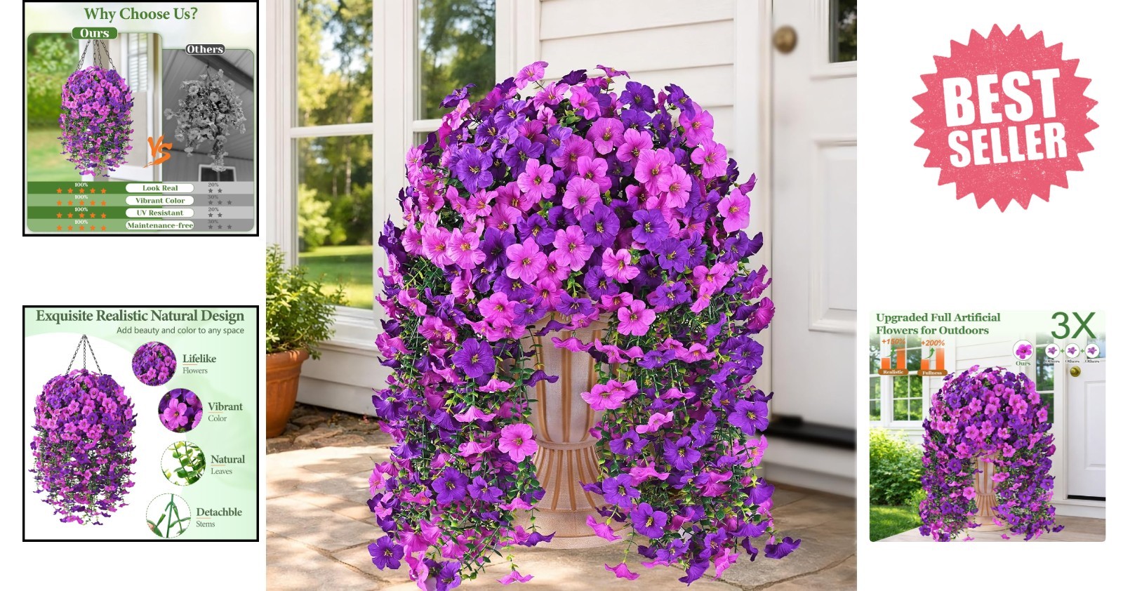 Lifelike Artificial Flowers Set of 2 – Perfect for Hanging Baskets & Patios