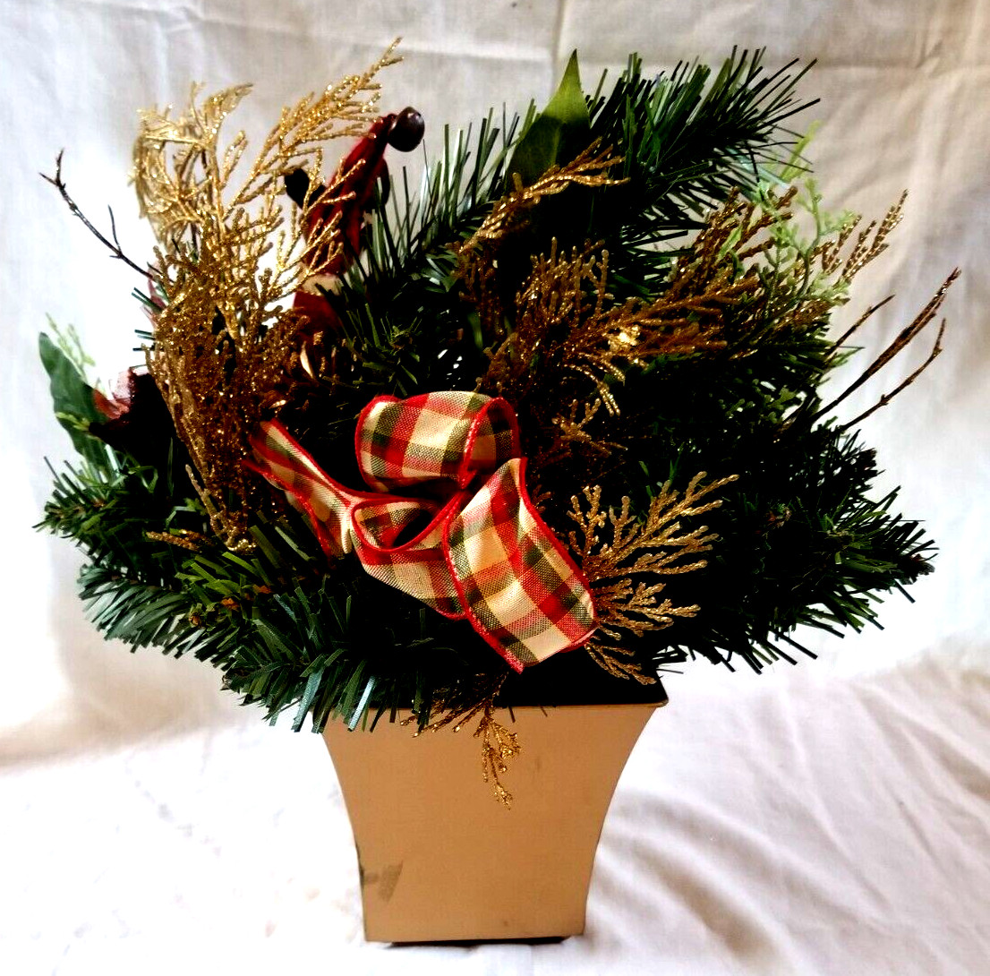 Xmas Floral Arrangement w Cloth Reindeer Accent 14″ x 13″ Table Desk Centerpiece