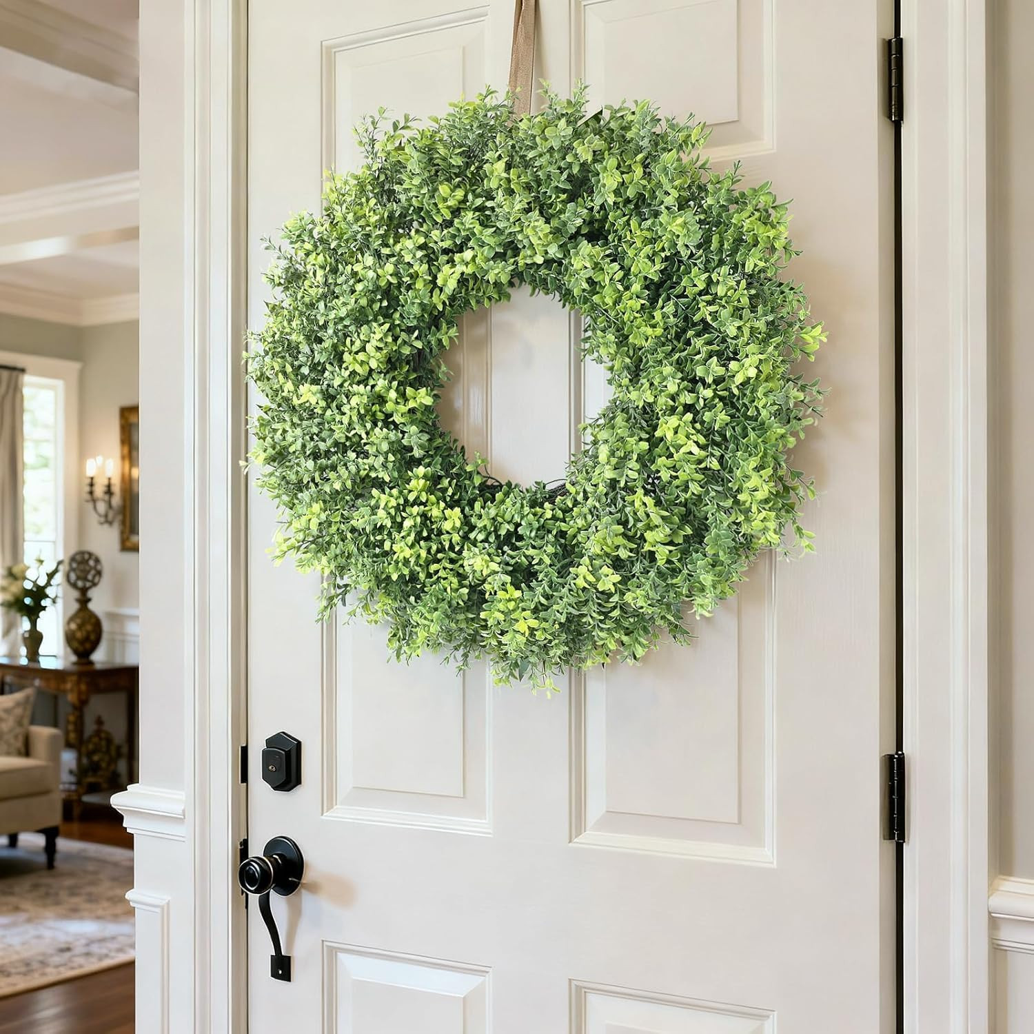 26″ Artificial Boxwood Wreath for Front Door – Faux Small Leaf Boxwood Plant, Sp