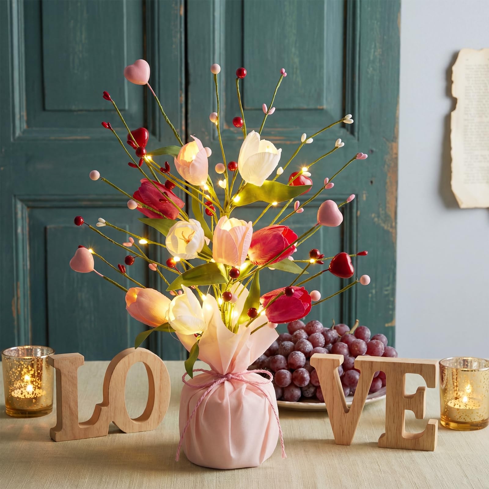 2 PCS 16 Inch Spring Artificial Tulip Table Tree Decoration Light Burlap Base