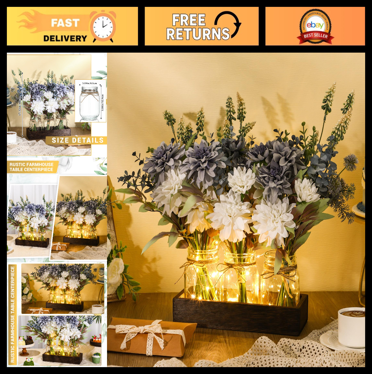 3 Pcs Rustic Mason Jar Centerpiece Decor, Artificial Blue Flowers & Wood Tray, S