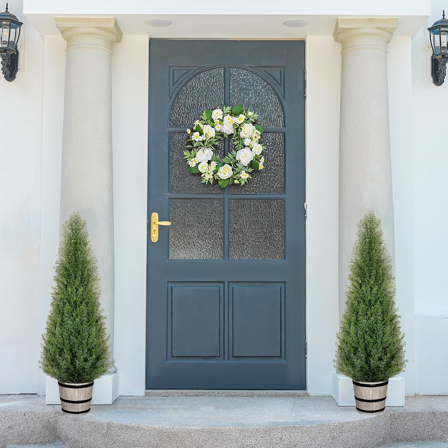 3FT Artificial Cedar Topiary Trees with Rustic Barrel Planter, Outdoor Indoor Re
