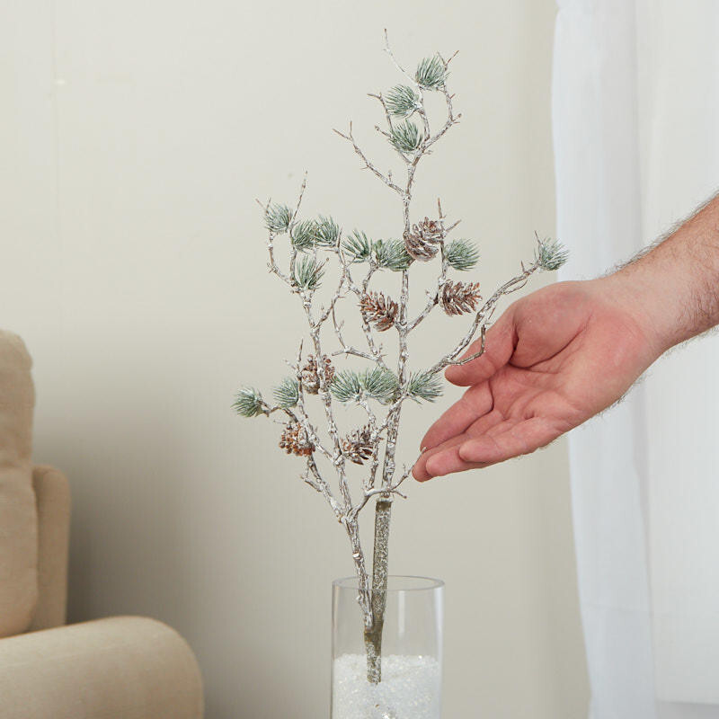 Set of 2 Winter White Artificial 25-1/2″ Pine Branches with Pine Cones