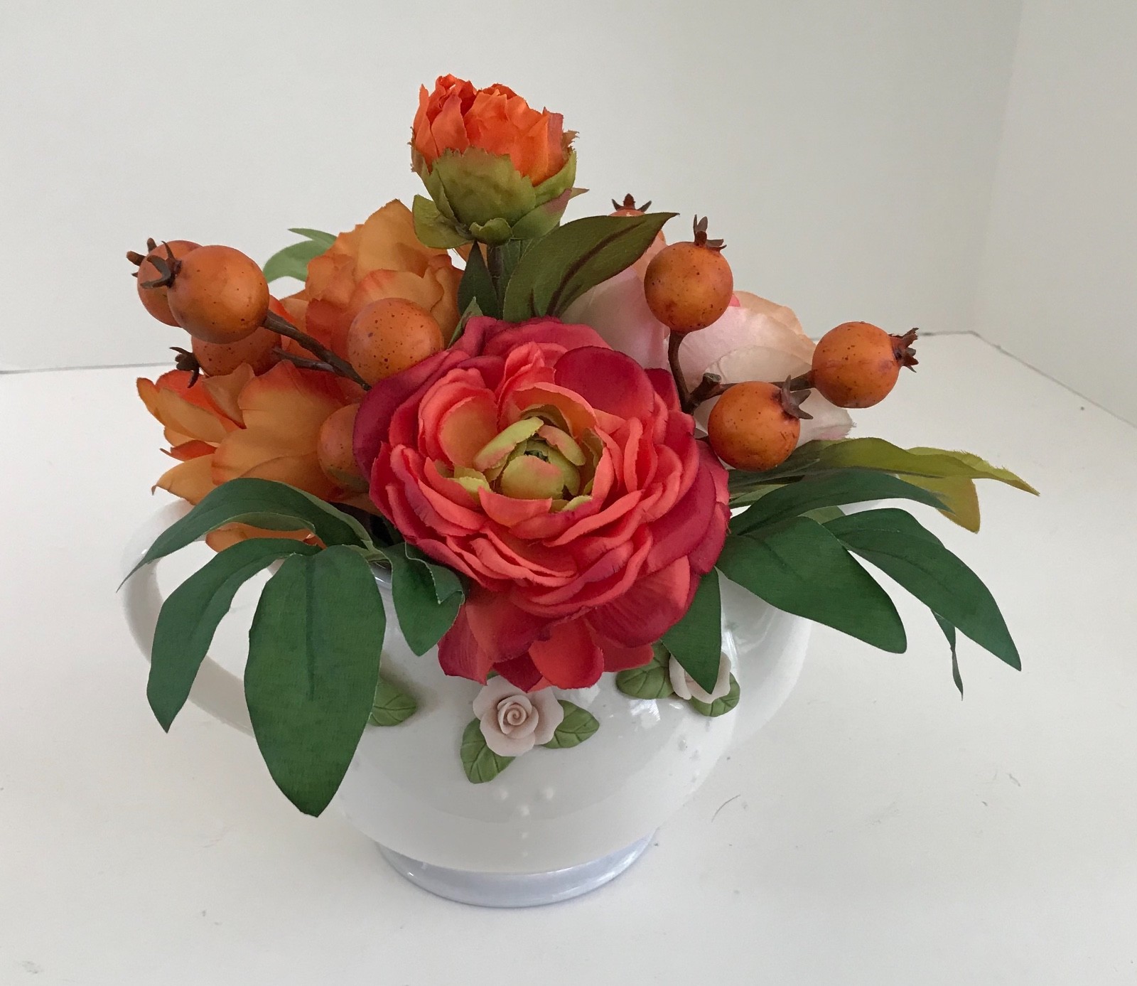 White with Raised Pink Roses Telaflora Gift Teapot Orange Flowers