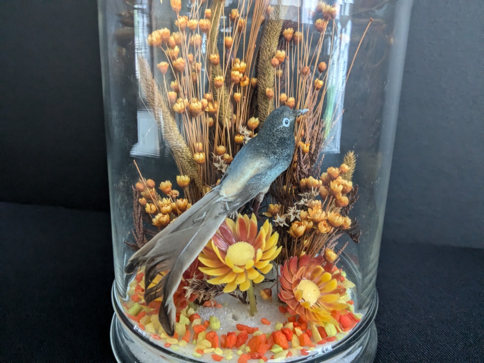 Vtg 1970’s Bird & Flowers Arrangement Dome Orange Yellow Brown Fall Decor