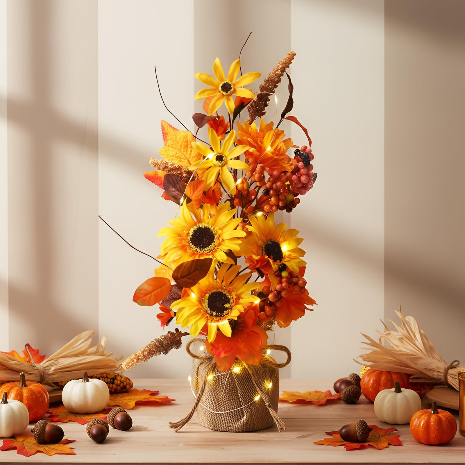 Fall Thanksgiving Centerpieces 16 Inch Lighted Tree Sunflowers Maple Leaves