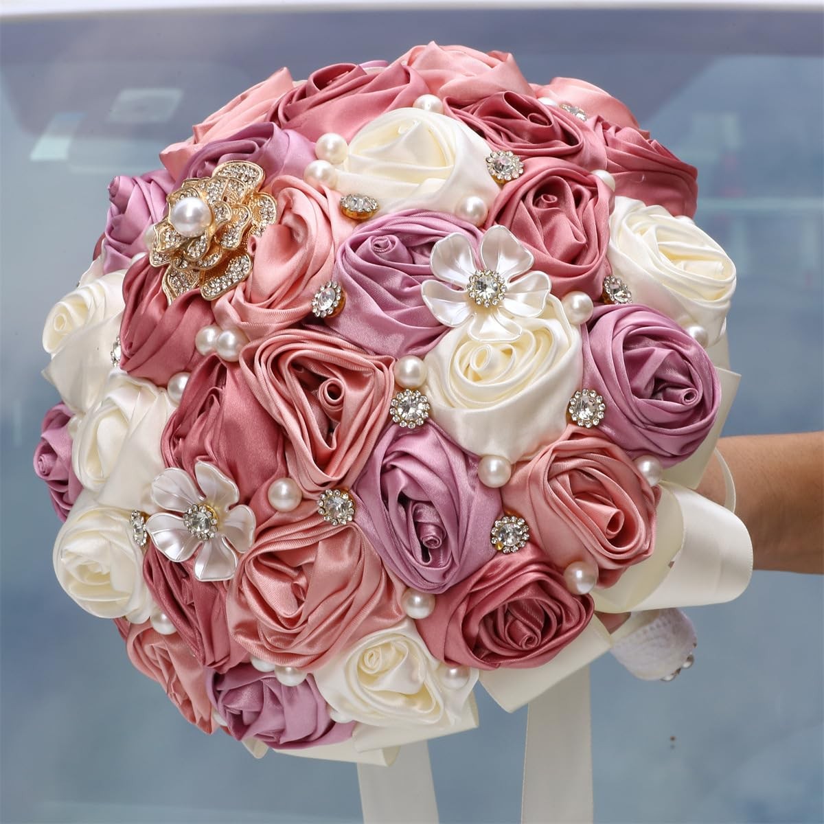 Mhojpik 7.5″ Bridal Wedding Bouquet Round Bling Brooch Bouquet Throw Toss Art…