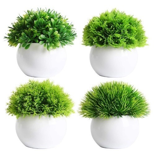 Mini Artificial Plants Potted Small Fake Plants for Shelf Green Plant in White