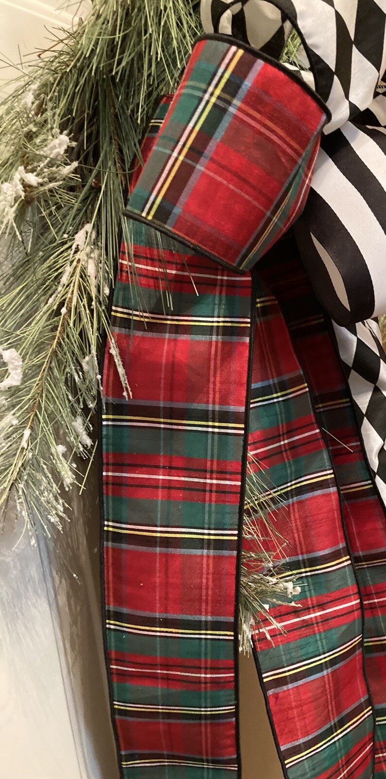 Long Snowy Needled Pine Wreath Wrapped In Exquisite Ribbon