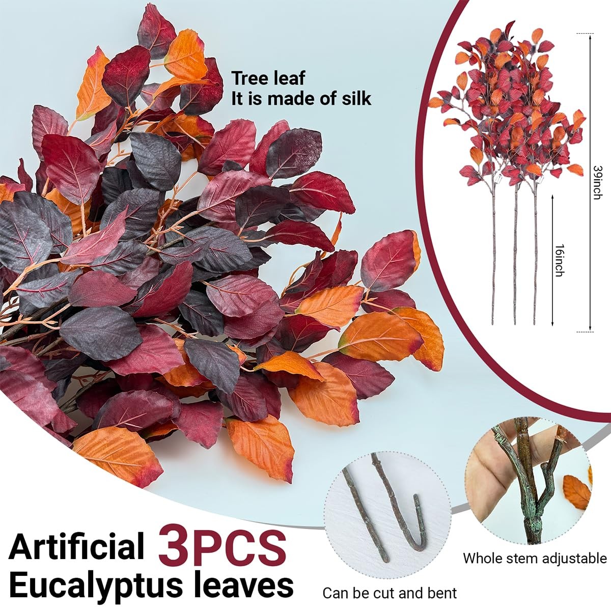 3 pcs 39 inch Fall Eucalyptus Stems Fake Fall Leaves Floral Stems Tall Artifi…
